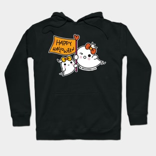 kawaii two ghosts cute spooky ghost illustration, happy halloween Hoodie